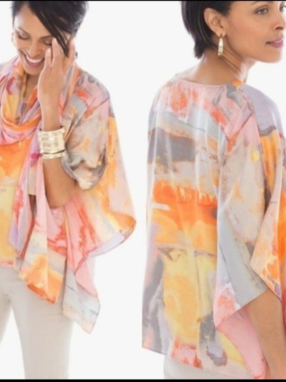 Chico's Watercolor Poncho - Pink, Orange & Yellow